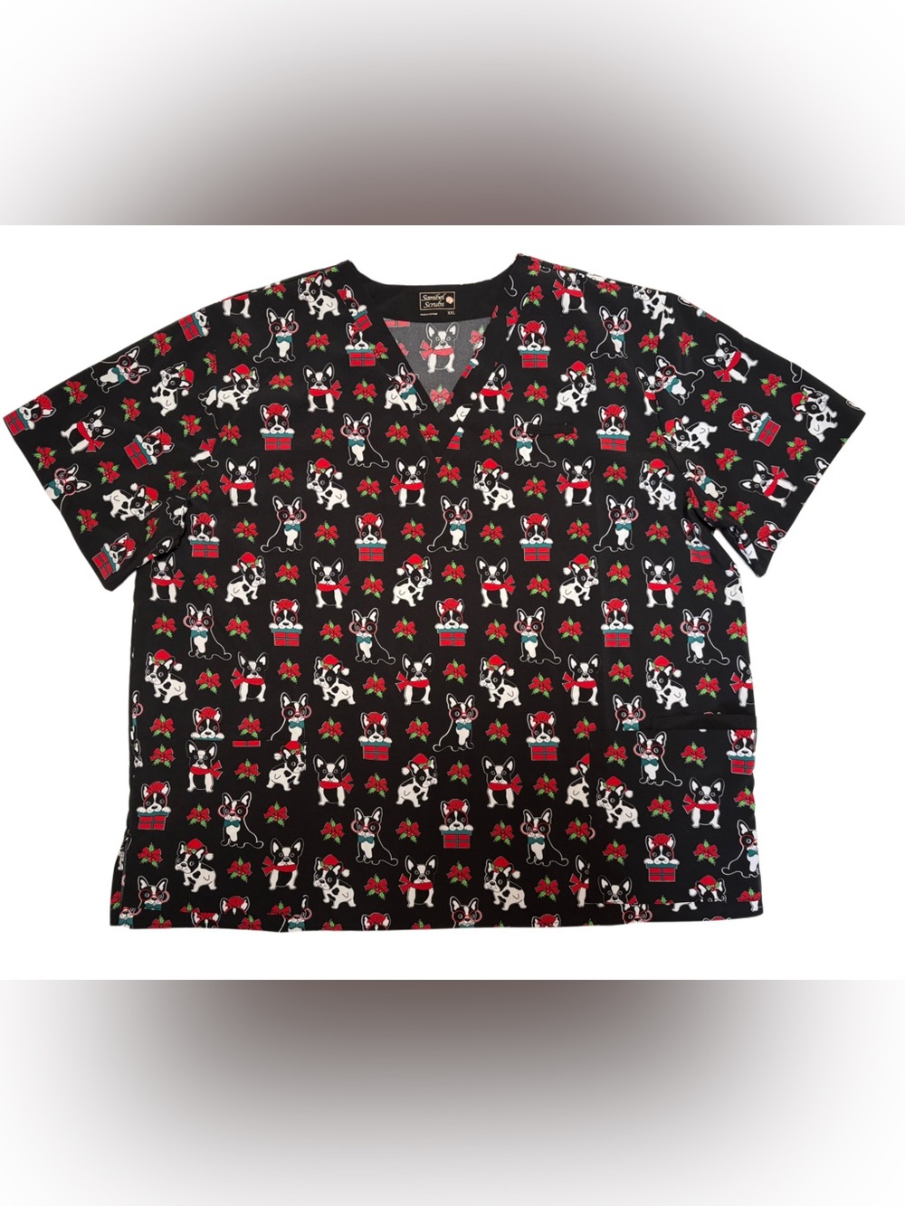 Christmas Boston Terrier Polyester Scrub Top